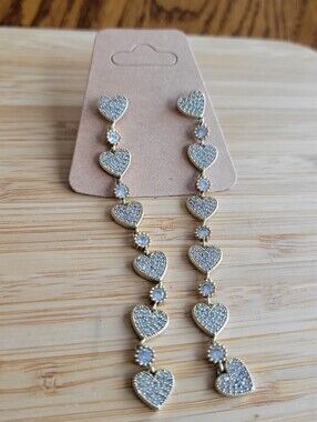 3" Gold Plated Heart Dangle Earrings Cubic Zirconia Pave Linear‎ Drop